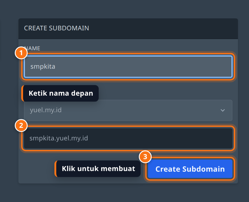 Form Create Subdomain berisi nama smpkita dengan pratinjau smpkita.yuel.my.id dan tombol Create Subdomain