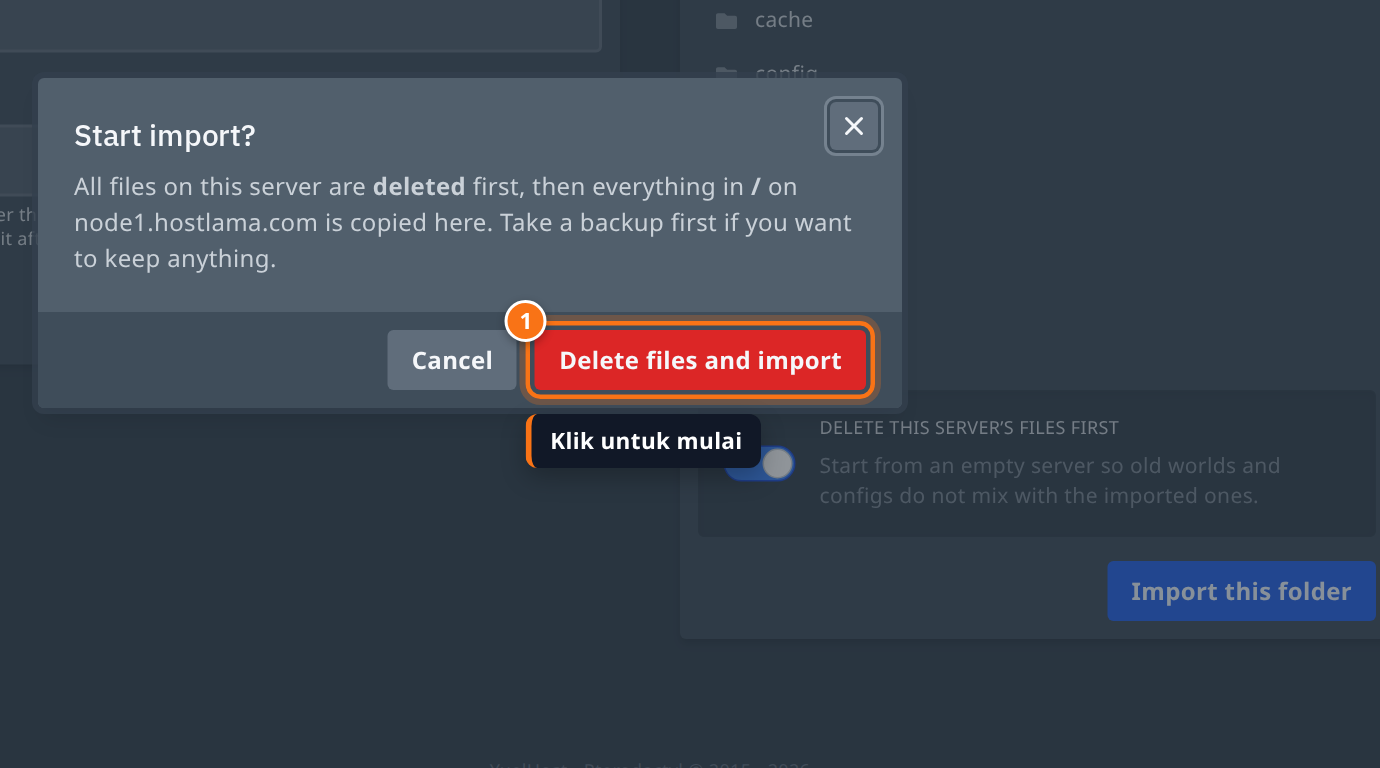 Jendela Start import? dengan tombol Delete files and import disorot