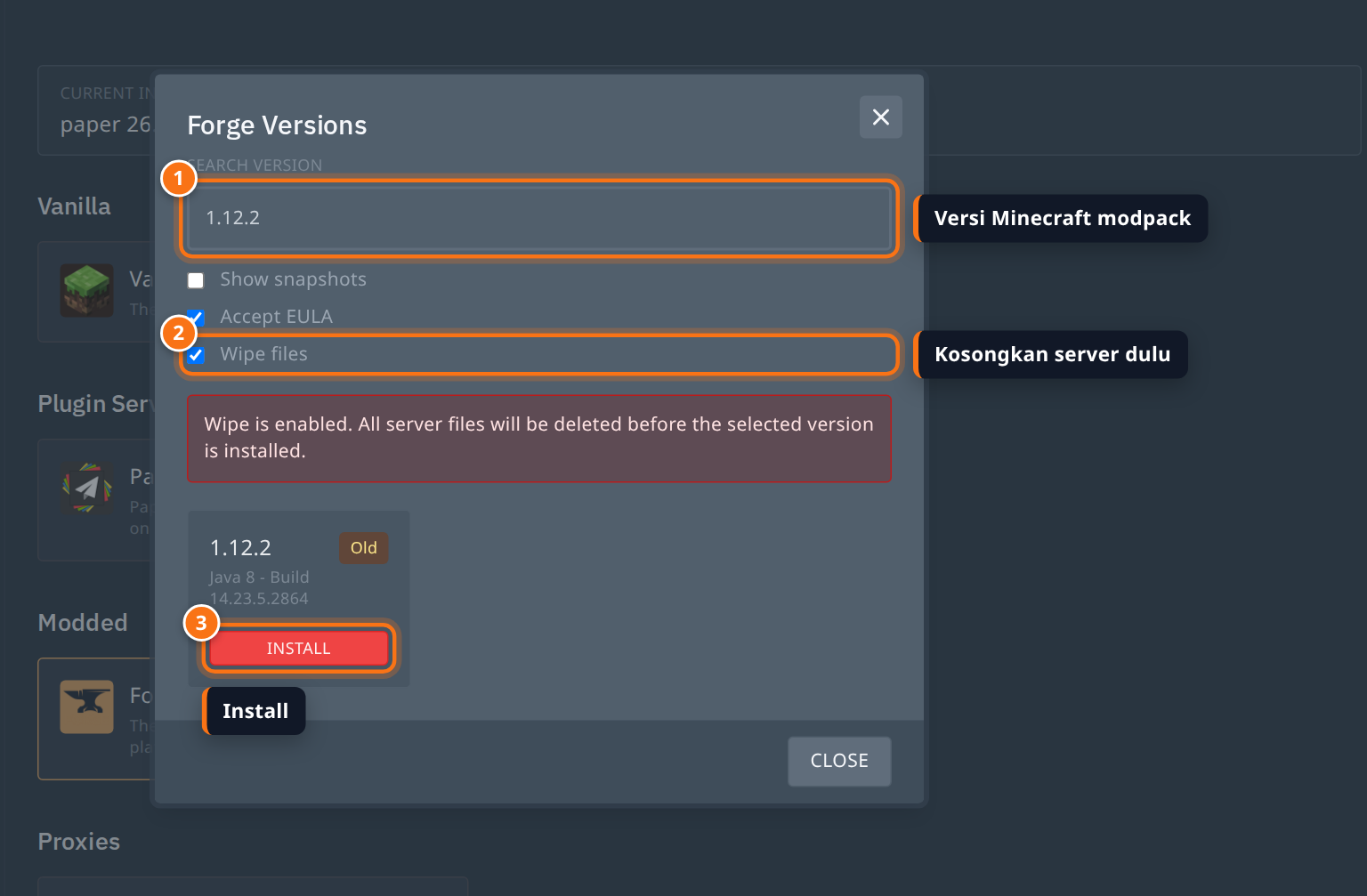 Jendela Forge Versions dengan pencarian 1.12.2, Wipe files dicentang, dan tombol Install disorot