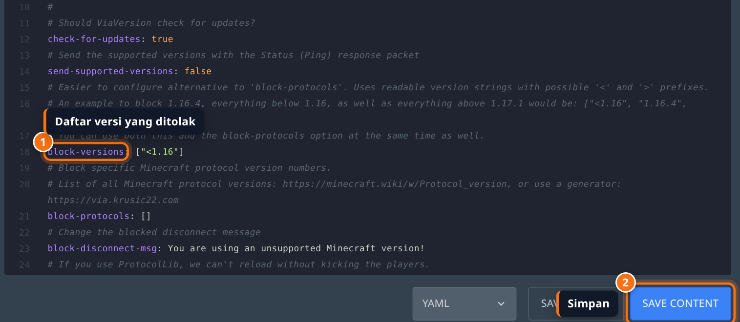 Baris block-versions di config.yml ViaVersion dan tombol Save Content