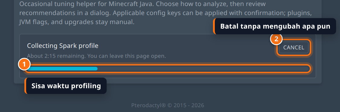 Progress bar profiling Spark berjalan di tab Performance dengan tombol Cancel
