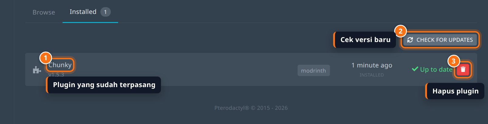 Tab Installed berisi plugin terpasang, tombol Check for Updates, dan tombol hapus