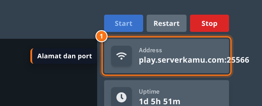 Kotak Address server Bedrock di panel berisi play.serverkamu.com:25566