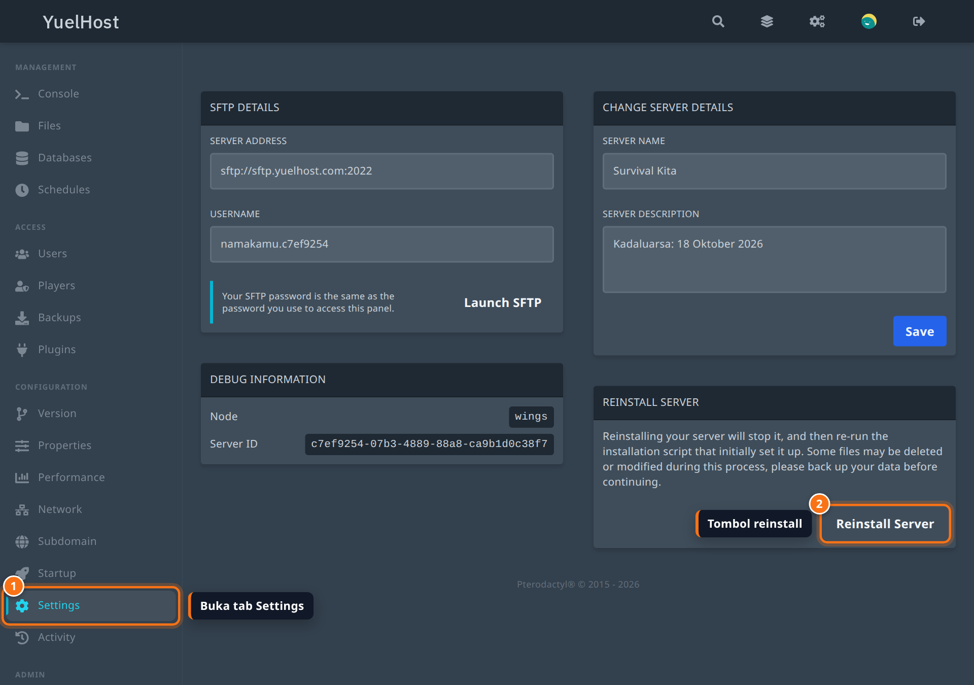 Tab Settings di panel YuelHost dengan kotak Reinstall Server dan tombolnya disorot