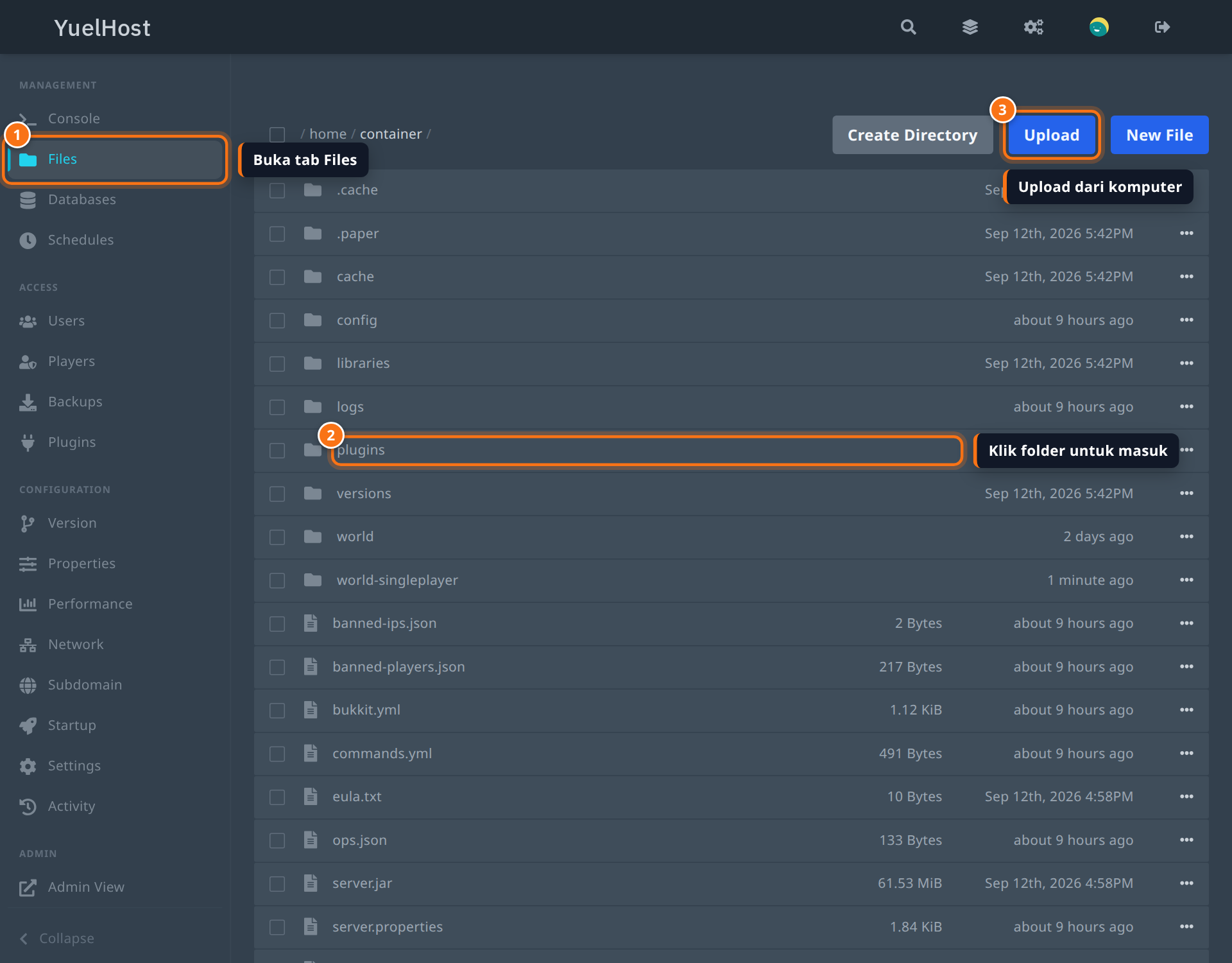Tab Files di panel YuelHost dengan folder plugins dan tombol Upload disorot