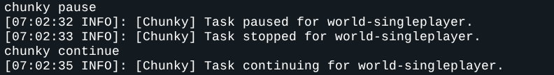 Console menampilkan chunky pause dengan pesan Task paused, lalu chunky continue dengan pesan Task continuing