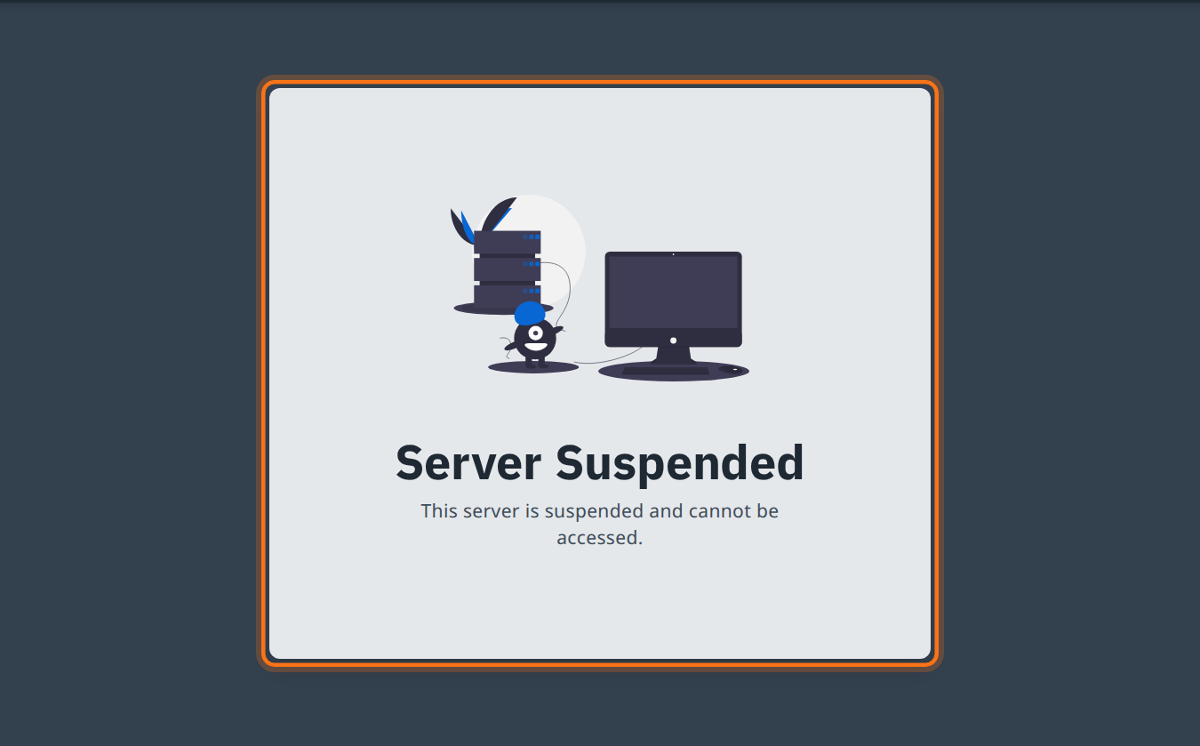 Panel game menampilkan layar Server Suspended dengan pesan This server is suspended and cannot be accessed