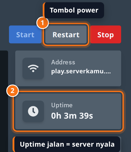 Tombol Start, Restart, Stop dan kartu Uptime di tab Console