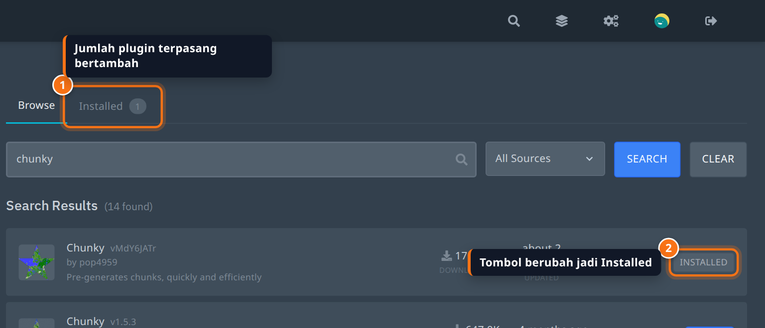 Tombol Installed pada kartu plugin dan penghitung di tab Installed