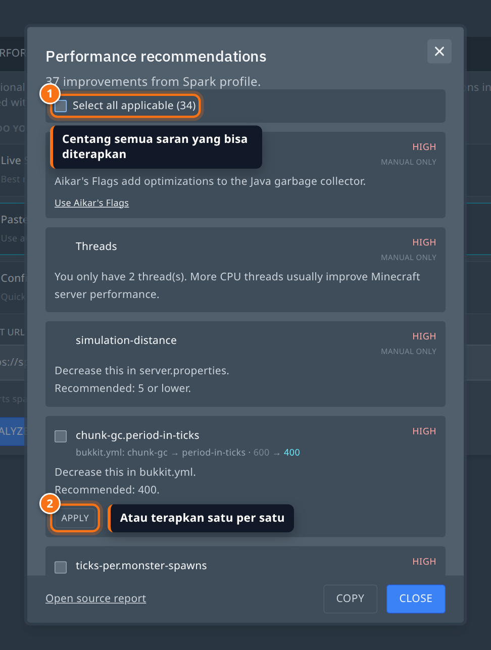 Checkbox Select all applicable dan tombol Apply pada satu baris saran
