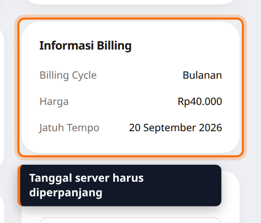 Kartu Informasi Billing di halaman server berisi Billing Cycle Bulanan, Harga Rp40.000, dan Jatuh Tempo 20 September 2026