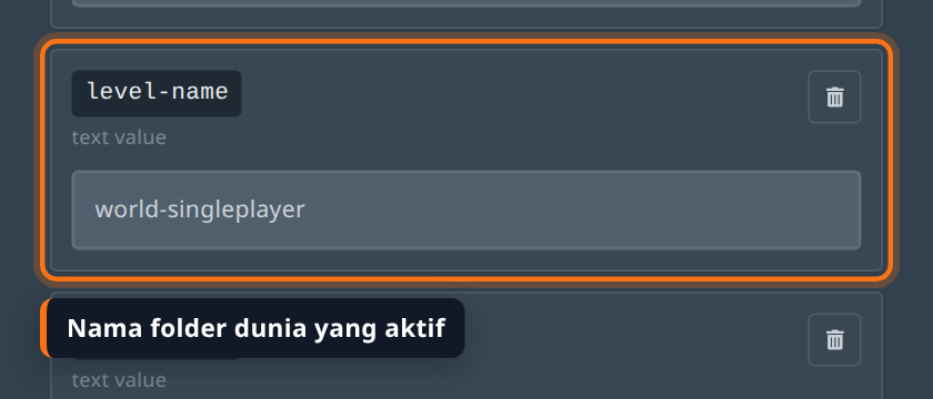 Kartu level-name di tab Properties berisi world-singleplayer