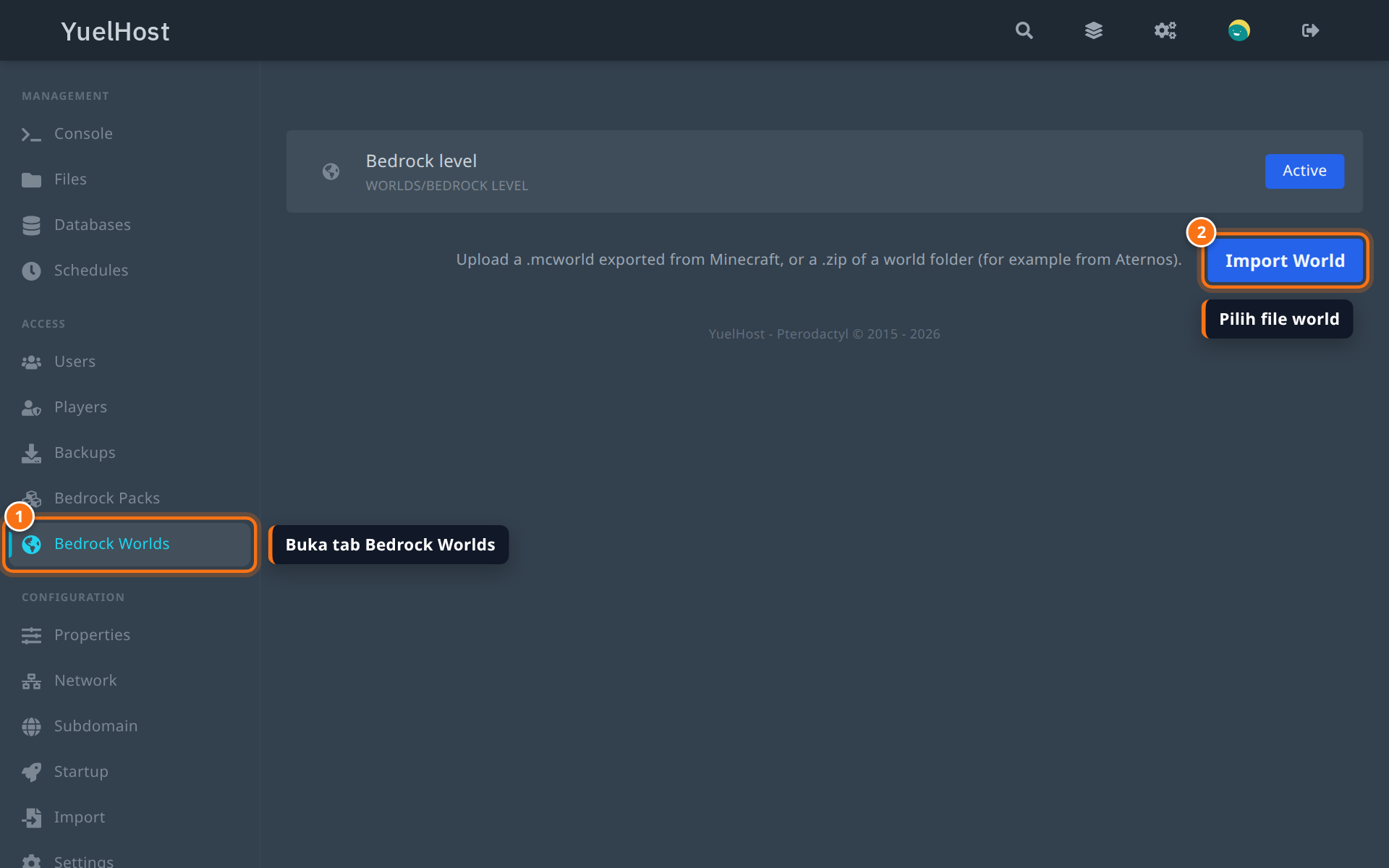 Tab Bedrock Worlds di panel YuelHost dengan world Bedrock level aktif dan tombol Import World disorot