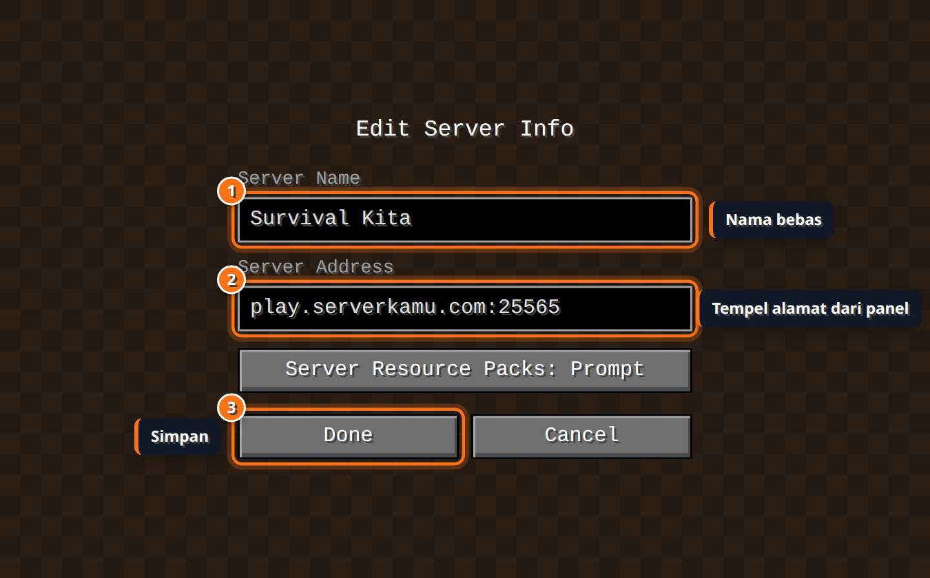 Layar Edit Server Info Minecraft Java dengan Server Name dan Server Address terisi