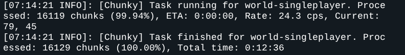 Console menampilkan pesan Task finished for world-singleplayer dengan Processed 100 persen dan Total time