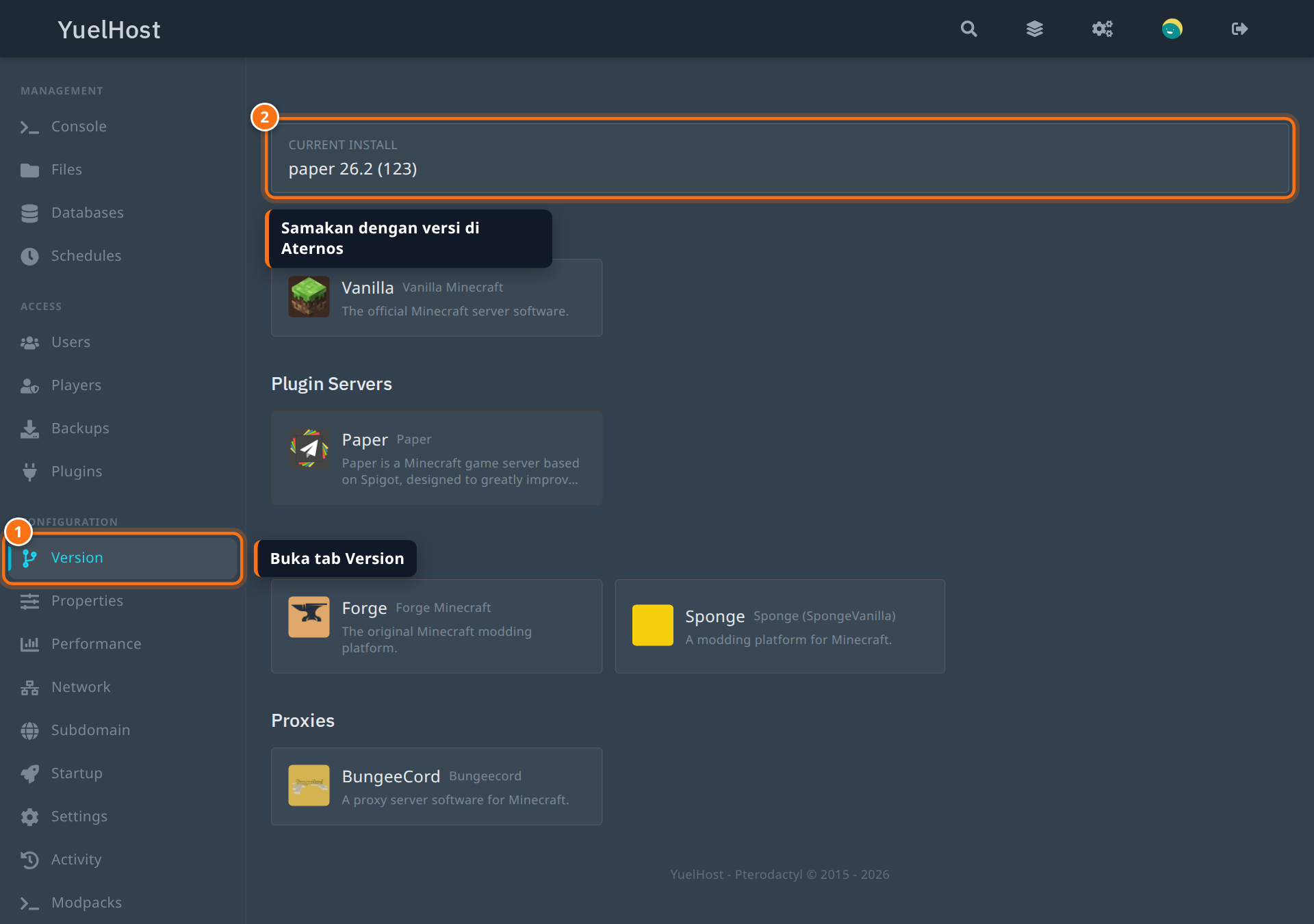 Tab Version di panel YuelHost dengan kotak Current install disorot