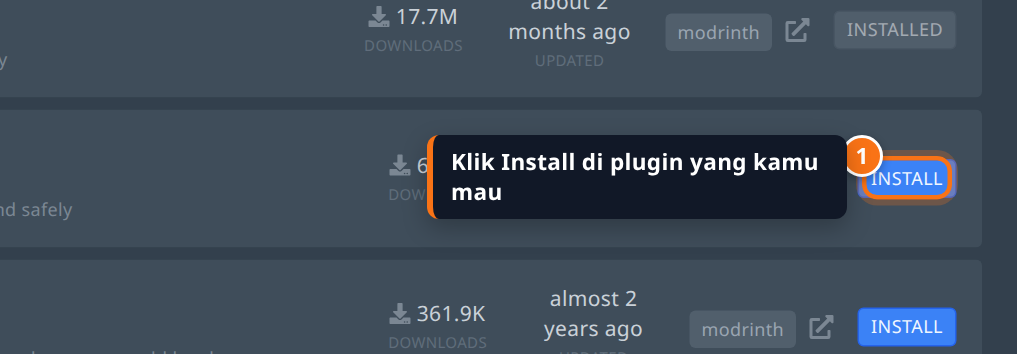 Tombol Install pada hasil pencarian plugin
