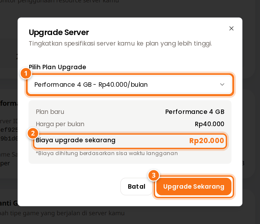 Jendela Upgrade Server berisi pilihan paket, harga per bulan, biaya upgrade sekarang, dan tombol Upgrade Sekarang
