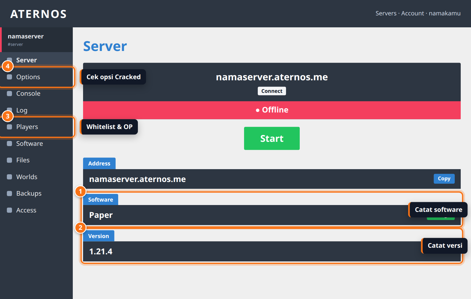 Ilustrasi halaman Server di Aternos dengan kotak Software, Version, serta menu Players dan Options disorot