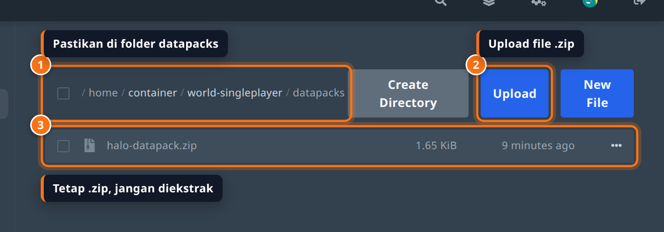 Folder world-singleplayer/datapacks terbuka dengan baris alamat, tombol Upload, dan file halo-datapack.zip disorot