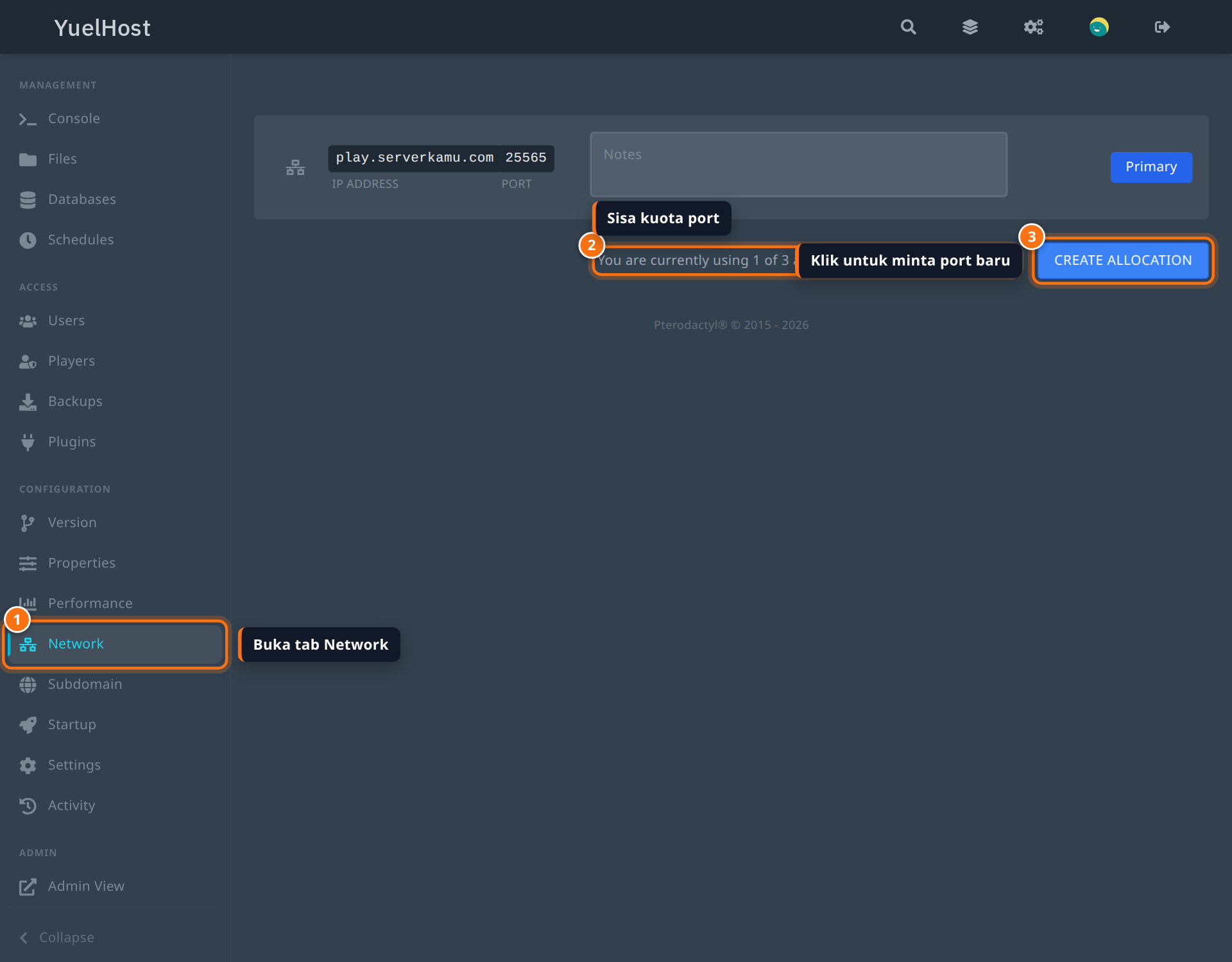 Tab Network di panel YuelHost menampilkan satu allocation dan tombol Create Allocation