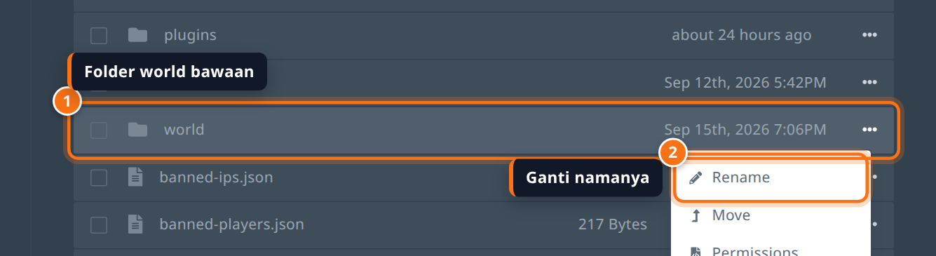 Menu file pada folder world dengan pilihan Rename disorot