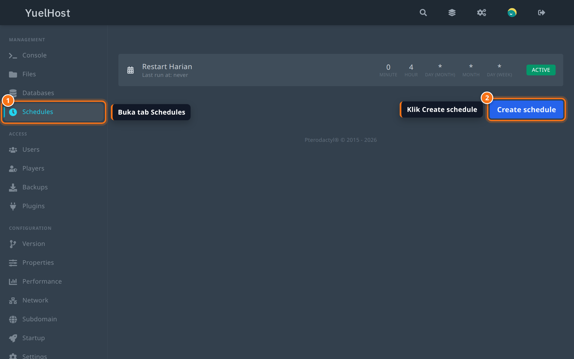 Tab Schedules dan tombol Create schedule di panel YuelHost