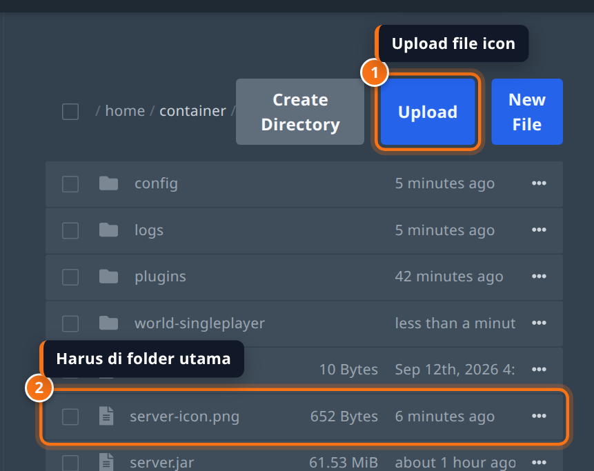 Tab Files menampilkan tombol Upload dan file server-icon.png di folder utama sejajar dengan server.properties