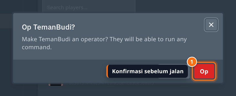 Dialog konfirmasi Op dengan penjelasan bahwa pemain bisa menjalankan semua perintah