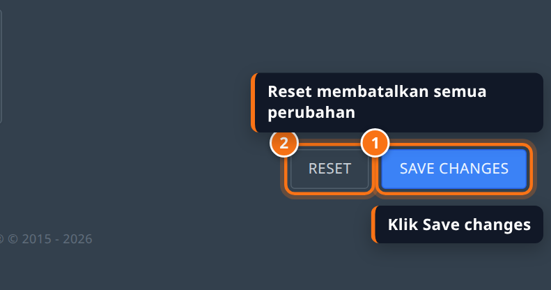 Tombol Save changes dan Reset di bagian bawah tab Properties
