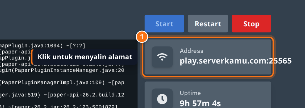 Kotak Address di tab Console panel YuelHost berisi play.serverkamu.com:25565