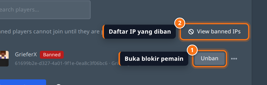 Daftar Banned menampilkan pemain dengan alasan ban, tombol Unban, dan tombol View banned IPs