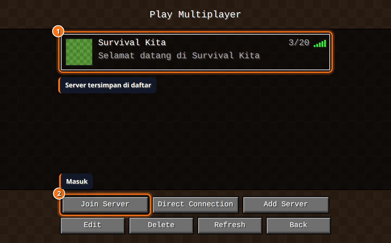 Server Survival Kita di daftar Play Multiplayer dengan tombol Join Server disorot