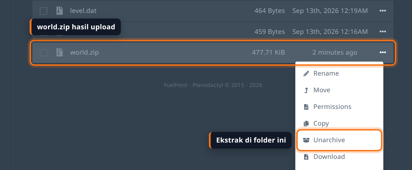 Menu file pada world.zip dengan pilihan Unarchive disorot
