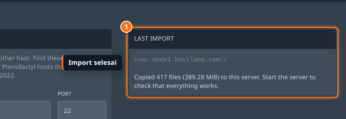 Kotak Last import dengan keterangan Copied 417 files to this server