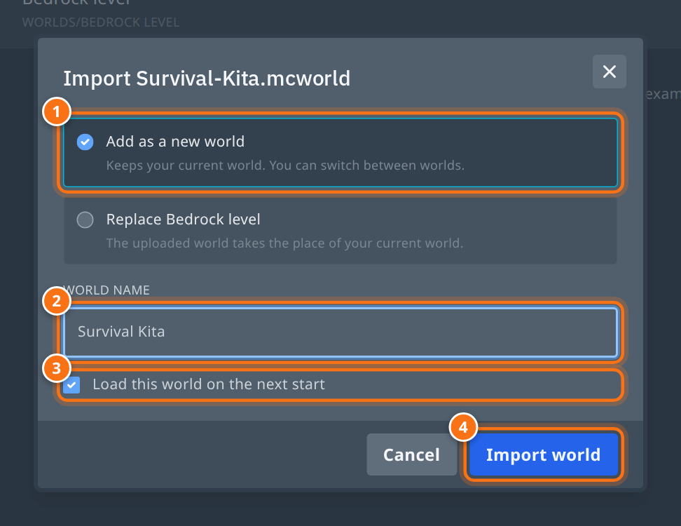 Jendela Import dengan pilihan Add as a new world, kolom World name berisi Survival Kita, centang Load this world on the next start, dan tombol Import world