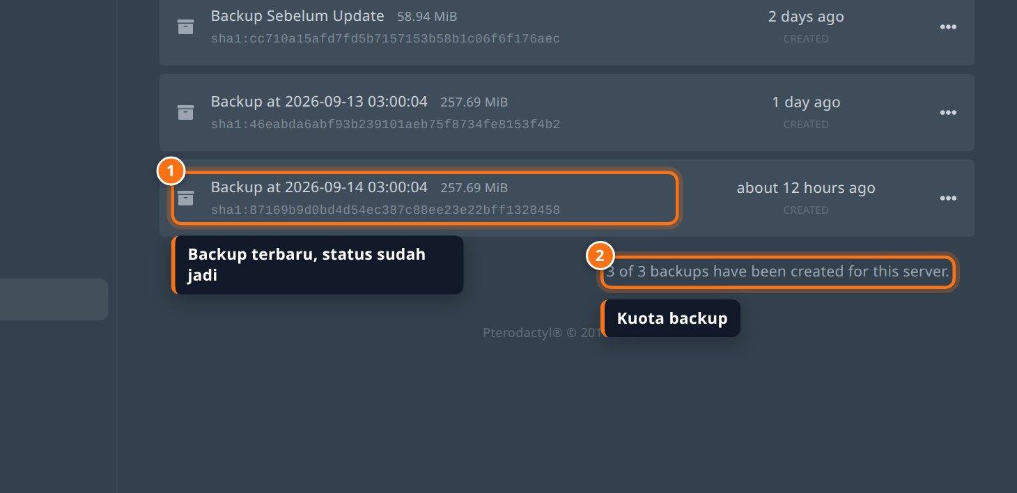Tab Backups menampilkan backup terbaru yang sudah selesai dan jumlah kuota backup