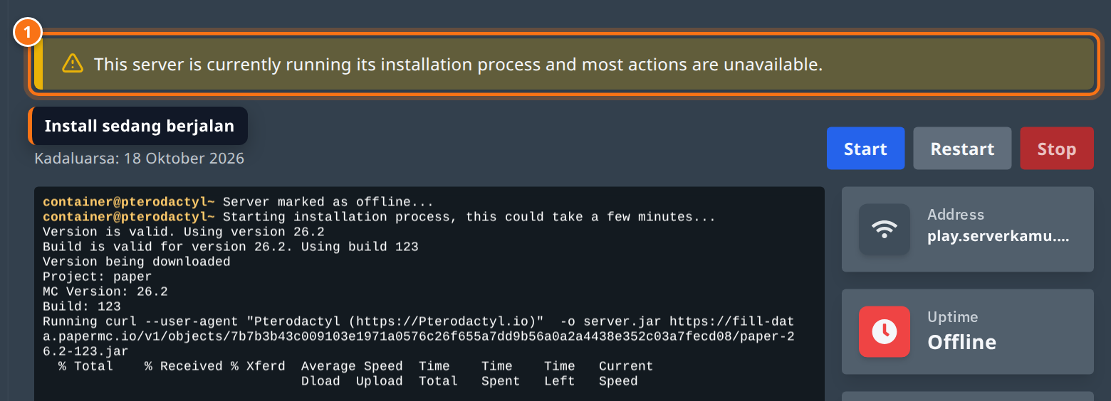 Banner This server is currently running its installation process di atas console yang menampilkan log install