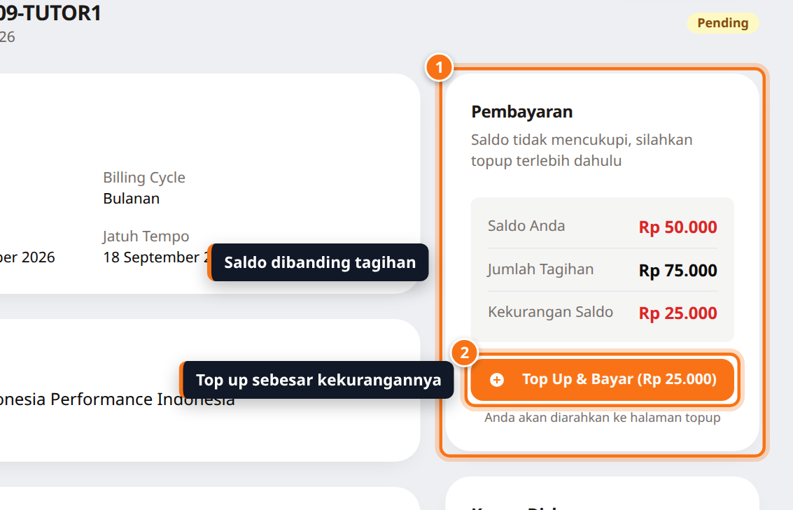 Kotak Pembayaran invoice menampilkan saldo Rp50.000, tagihan Rp75.000, kekurangan Rp25.000, dan tombol Top Up dan Bayar