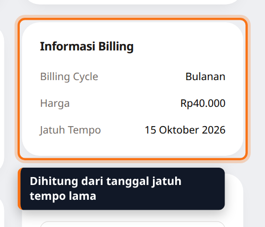 Kartu Informasi Billing setelah invoice dibayar menampilkan Jatuh Tempo 15 Oktober 2026, satu bulan setelah tanggal jatuh tempo lama 15 September