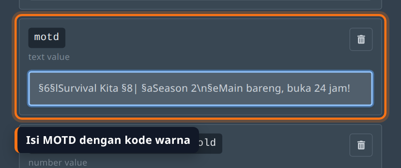 Kartu motd di tab Properties berisi MOTD dengan kode warna dan \n