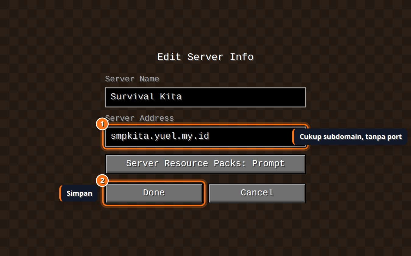 Layar Edit Server Info Minecraft Java dengan Server Address berisi smpkita.yuel.my.id