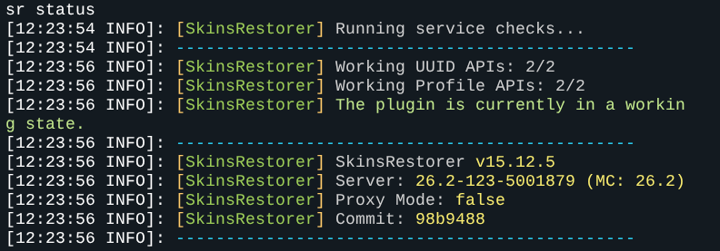 Hasil perintah sr status di Console: Working UUID APIs 2/2, Working Profile APIs 2/2, dan The plugin is currently in a working state