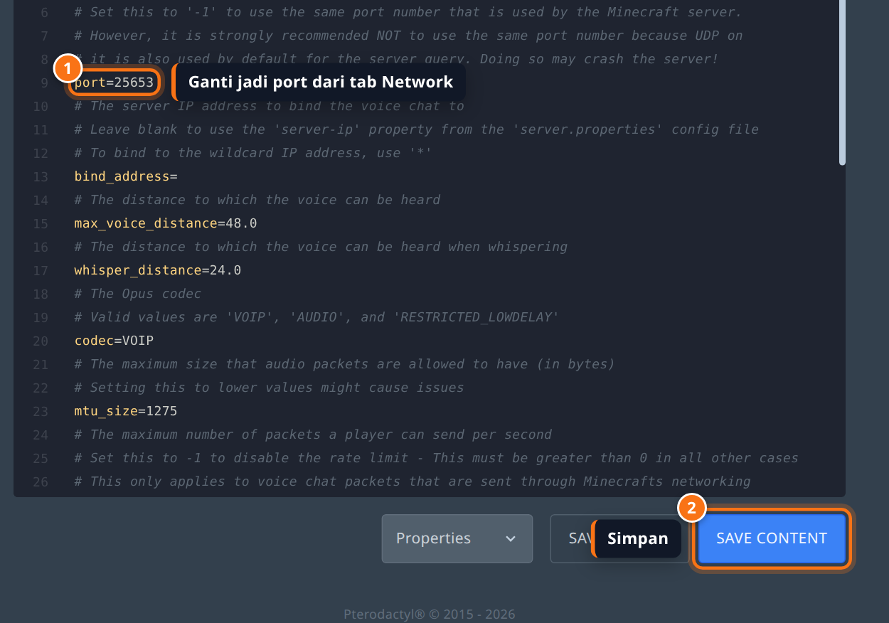 Editor file YuelHost menampilkan baris port pada voicechat-server.properties dan tombol Save Content