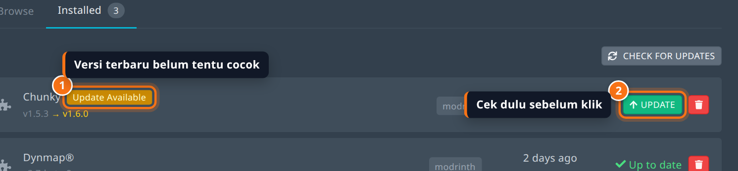 Daftar plugin terpasang dengan label Update Available dan tombol Update pada plugin Chunky