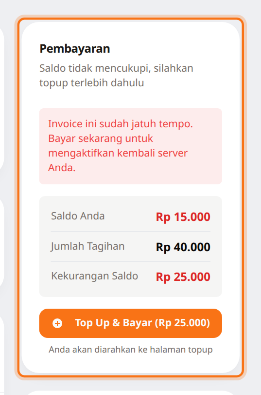 Kotak Pembayaran invoice jatuh tempo dengan pesan Invoice ini sudah jatuh tempo dan tombol Top Up dan Bayar