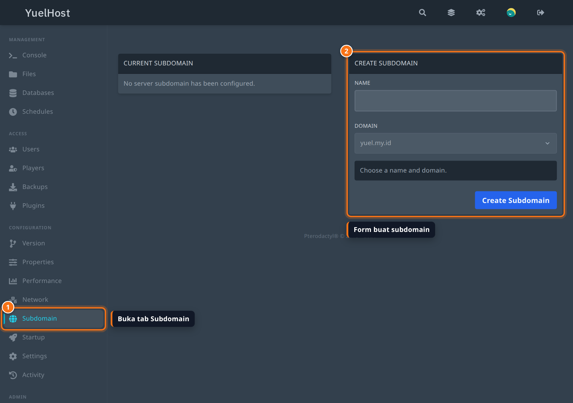 Tab Subdomain di panel YuelHost dengan menu Subdomain dan form Create Subdomain disorot