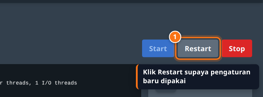 Tombol Restart di tab Console panel YuelHost