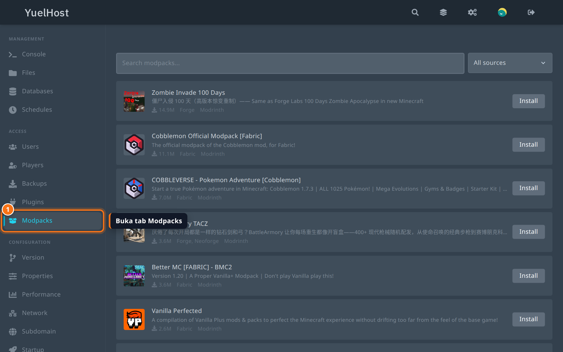 Tab Modpacks di menu samping panel YuelHost dengan daftar modpack populer
