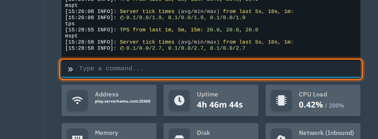 Output perintah tps dan mspt di Console panel YuelHost